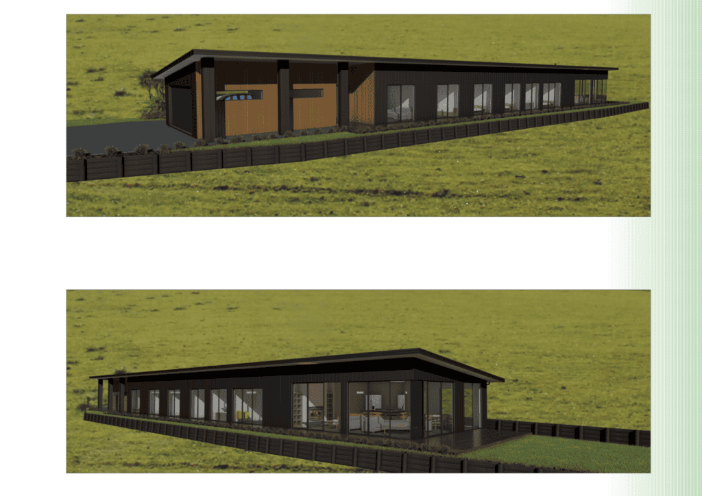 Two renderings of a modern, single-story black house with large windows, wood accents, and a sloped roof, set on green grass and surrounded by a low black fence—perfect for anyone seeking a contemporary home in a Taupō lifestyle estate for sale.