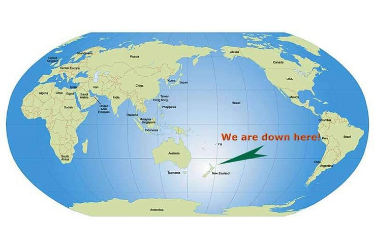 A world map with an arrow and red text pointing to New Zealand, reading We are down here...—the perfect spot to discover your new Taupō lifestyle estate for sale.